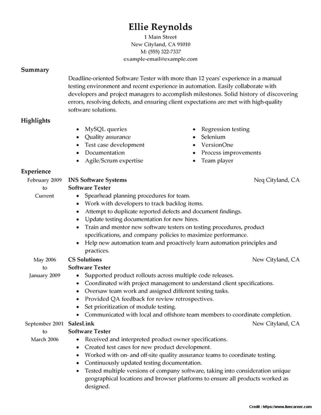 Resume Samples for Experienced Testing Professionals Resume Templates for Experienced software Testing