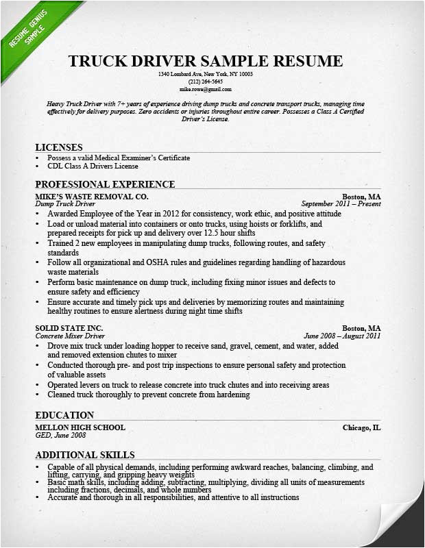 Resume Samples for Truck Drivers with An Objective Truck Driver Resume Objective