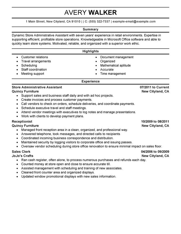 Resume Templates for Administrative Positions Store Administrative ...