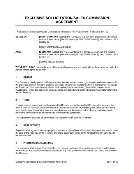 Sales Commision Agreement Template Exclusive sollicitation Sales Commission Agreement