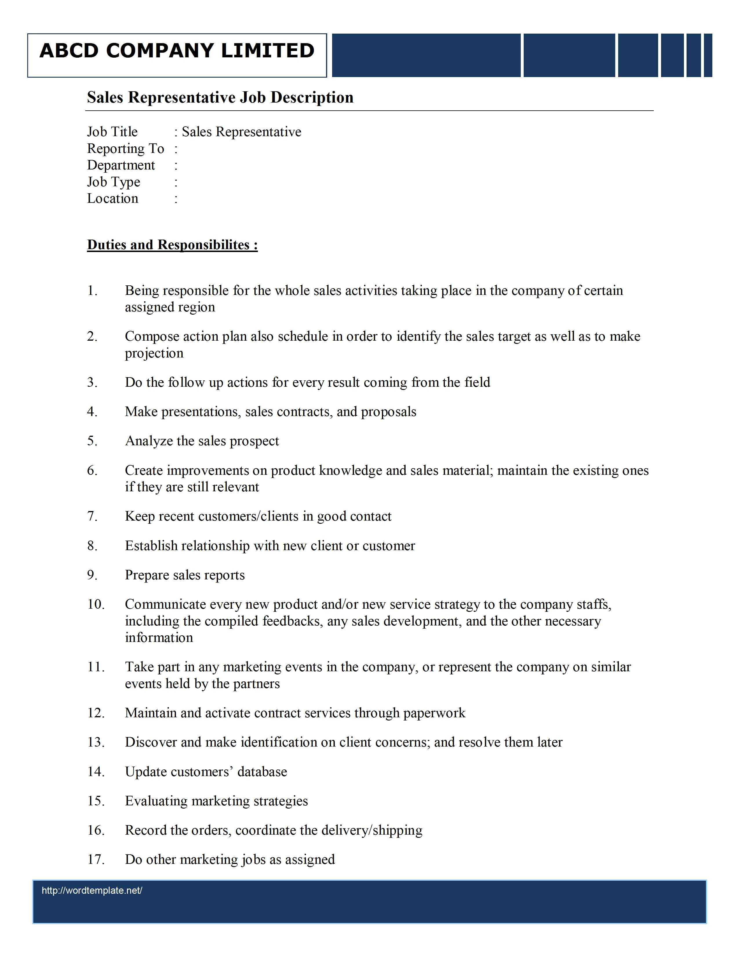 Sales Rep Job Description Template Williamson ga us