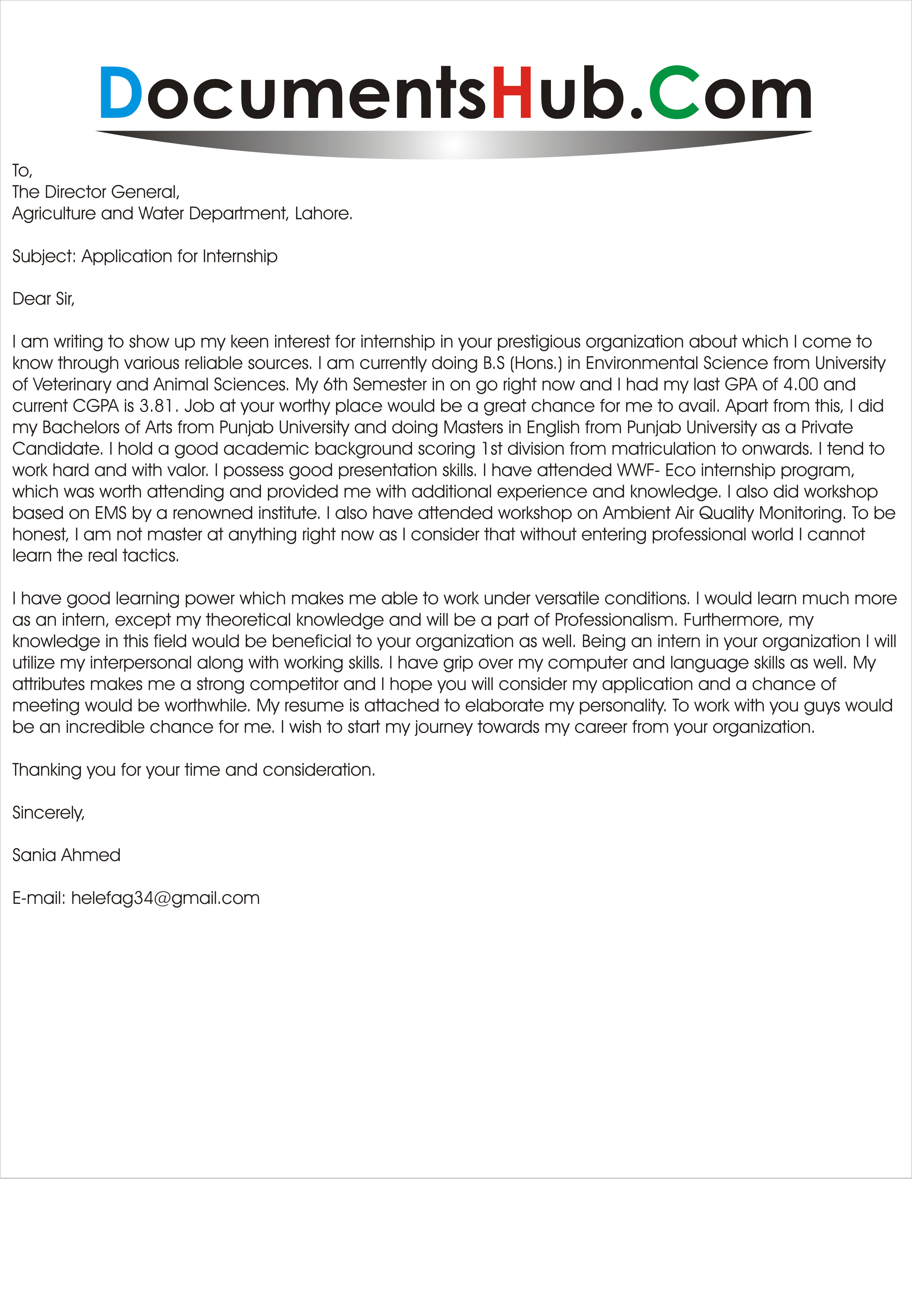 Sample Cover Letter for Environmental Internship Cover Letter for Environmental Internship Documentshub Com