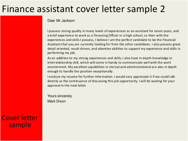 Sample Cover Letter for Finance assistant Position Finance assistant Cover Letter