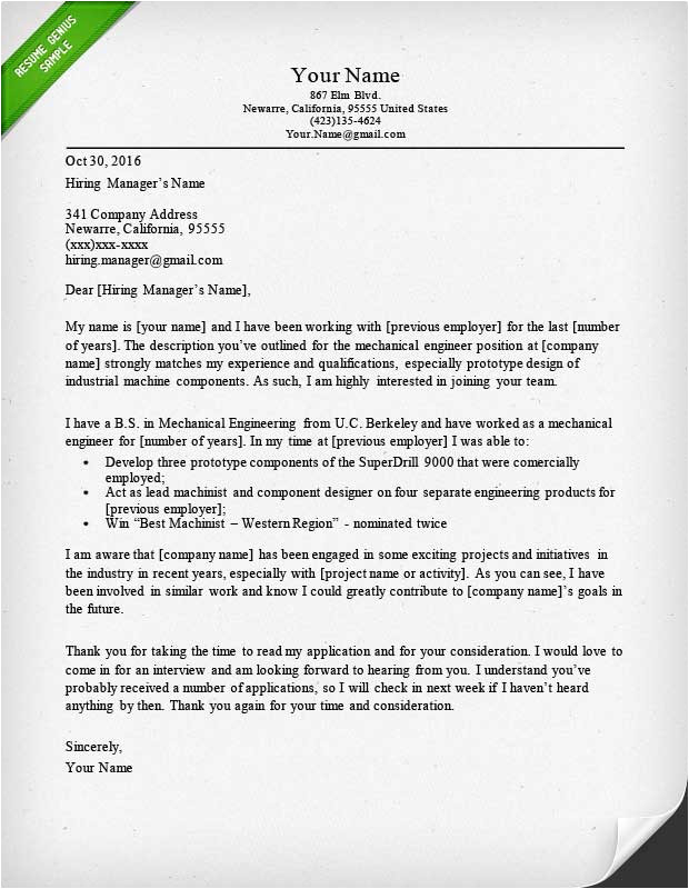 Sample Cover Letters for Engineers Engineering Cover Letter Templates Resume Genius