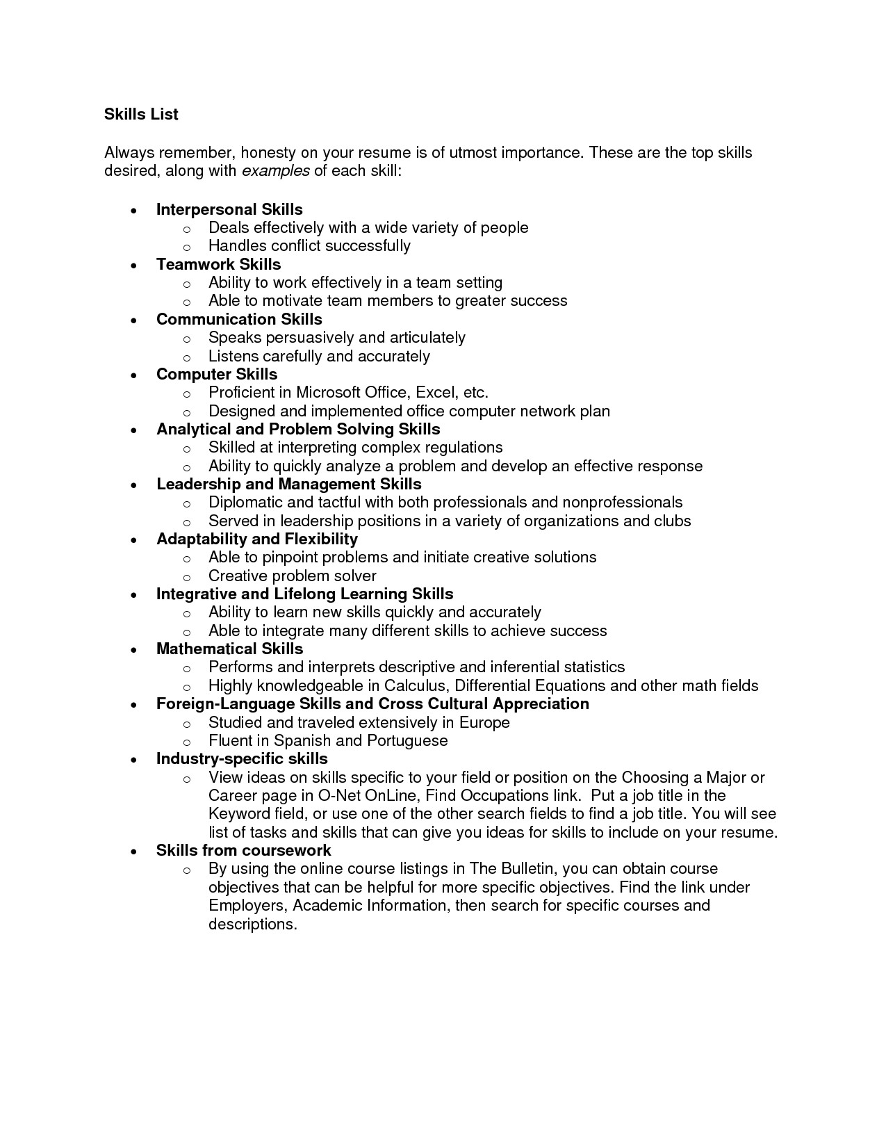 Sample Of Key Skills In Resume Resume Skills List Examples the Best Resume