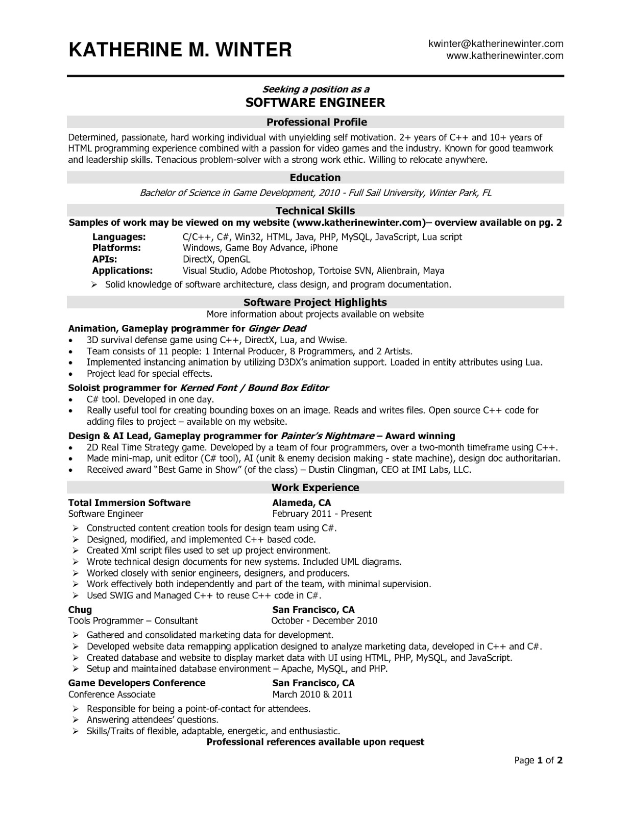 Sample Resume for 2 Years Experienced software Engineer Sample Resume for software Engineer with 2 Years