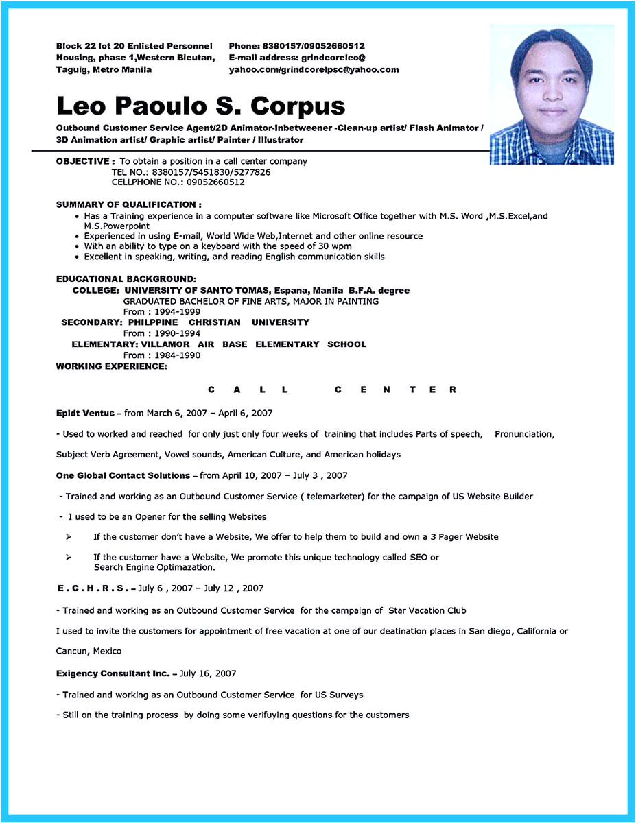 Sample Resume for A Call Center Agent Impressing the Recruiters with Flawless Call Center Resume