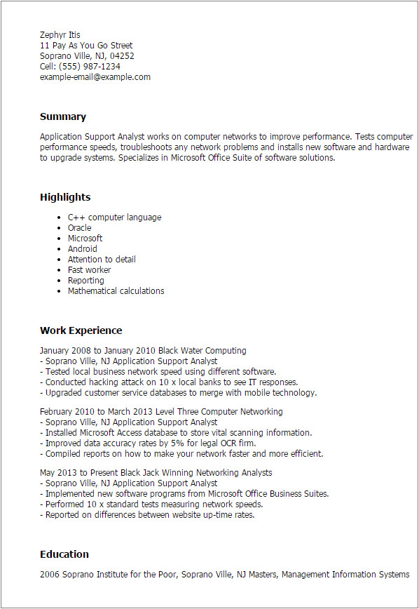 Sample Resume for Application Support Analyst Professional Application Support Analyst Templates to