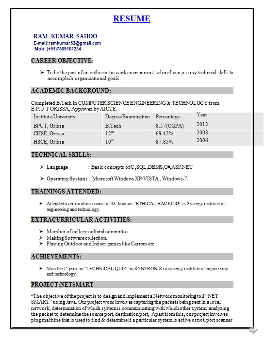 Sample Resume for Computer Science Engineering Students Resume format for Computer Science Engineering Students