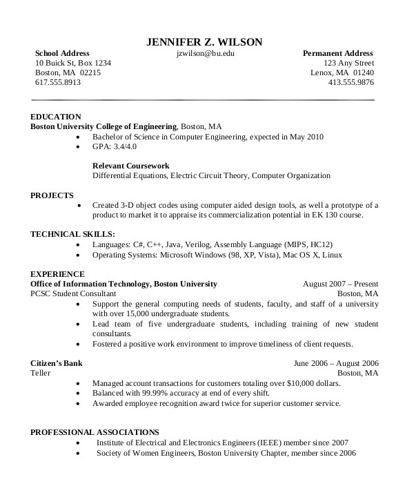 Sample Resume For Cse Students Williamson ga us