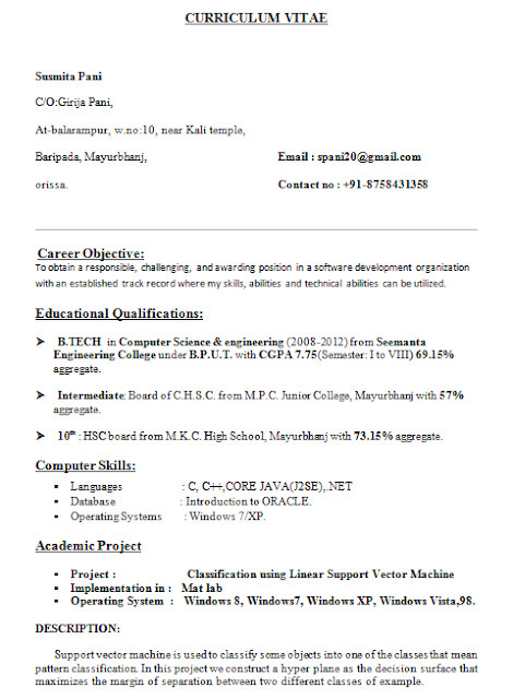 Sample Resume for Cse Students Resume format Resume format for Cse Students