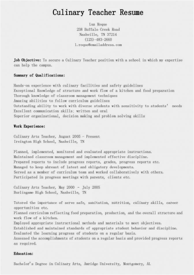 Sample Resume for Culinary Arts Student Culinary Student Resume Best Resume Collection