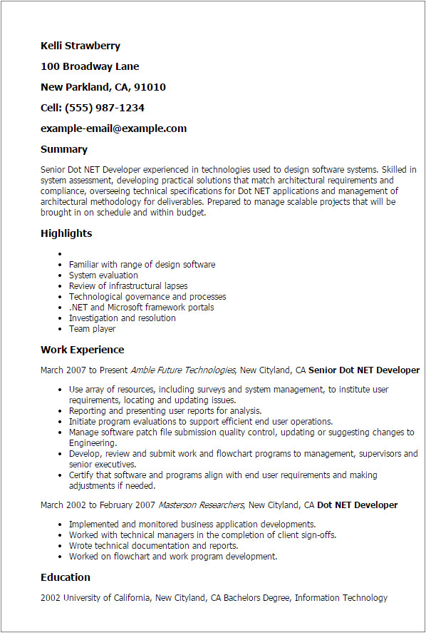 Sample Resume for Dot Net Developer Experience 2 Years Professional Senior Dot Net Developer Templates to