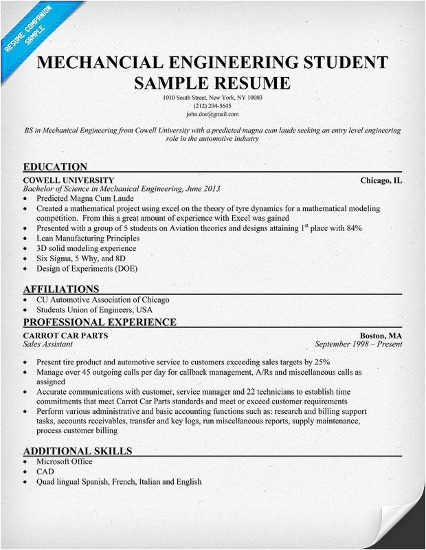 Sample Resume for Fresher Mechanical Engineering Student Sample Resume for Fresher Mechanical Engineering Student