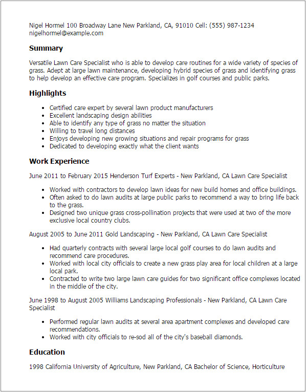 Sample Resume for Lawn Care Worker 1 Lawn Care Specialist Resume Templates Try them now