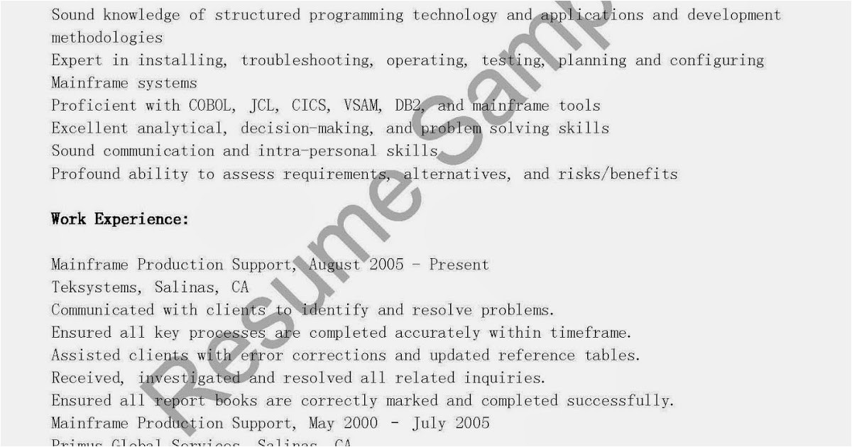 Sample Resume for Mainframe Production Support Resume Samples Mainframe Production Support Resume Sample
