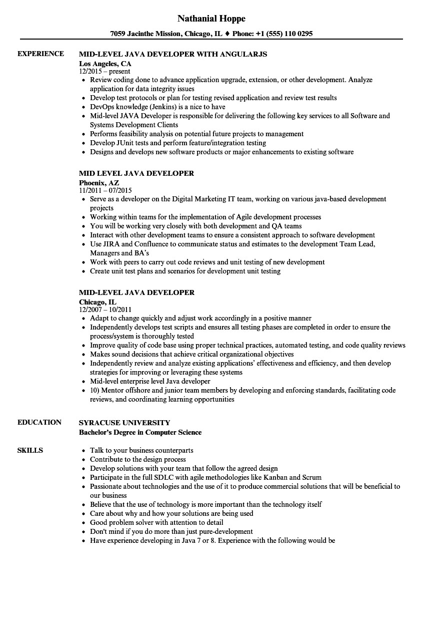 Sample Resume for Mid Level Position Mid Level Java Developer Resume Samples Velvet Jobs