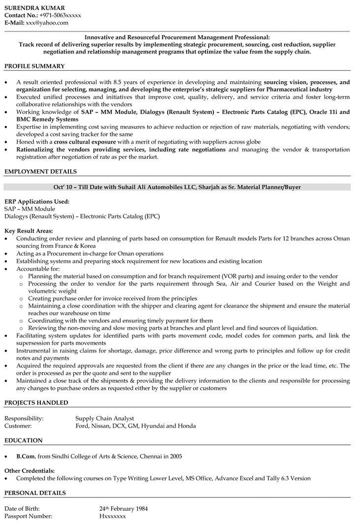 Sample Resume Of Purchase Manager Procurement Manager Resume Printable Planner Template