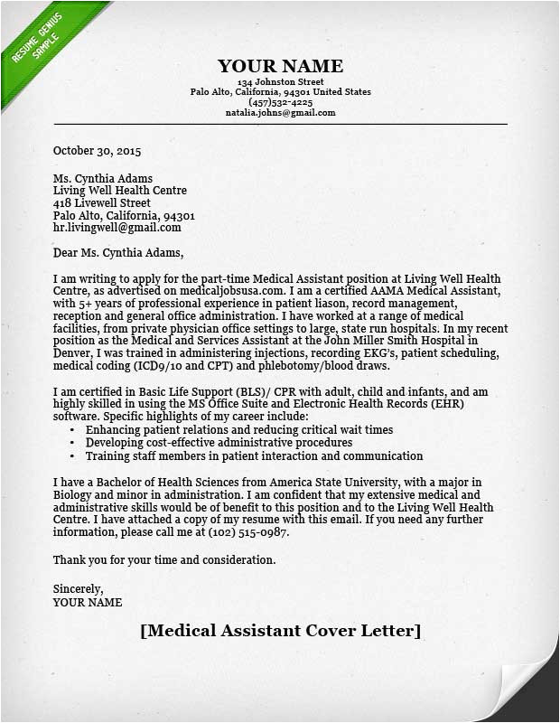Samples Of Cover Letters for Medical assistant Medical assistant Cover Letter Resume Genius