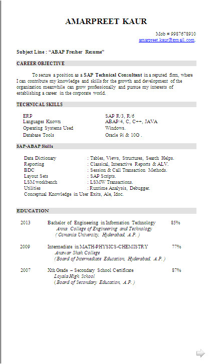 Sap Abap Fresher Resume Sample Resume Sample Sap Abap Fresher Resume formats