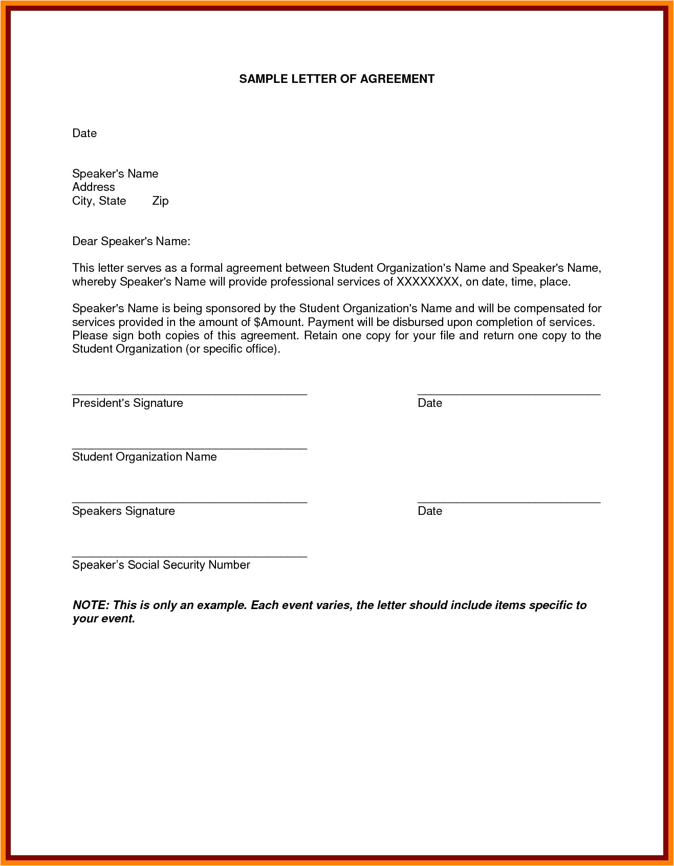 Soa Service Contract Template 8 Example Of Letter Of Agreement Penn Working Papers