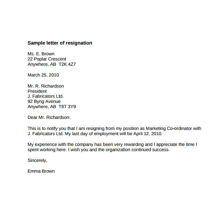 Templates for Resignation Letters Short Notice 9 Short Notice Resignation Letters Free Pdf Doc format