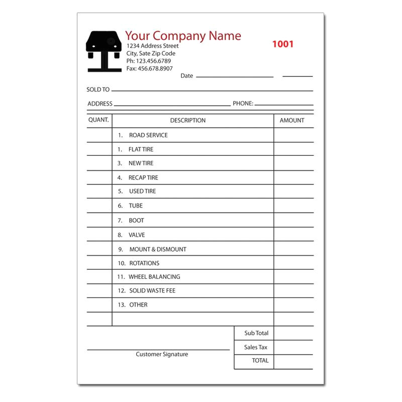 Tire Receipt Template Tire Shop Invoice form Sales or Repair Receipt Printing