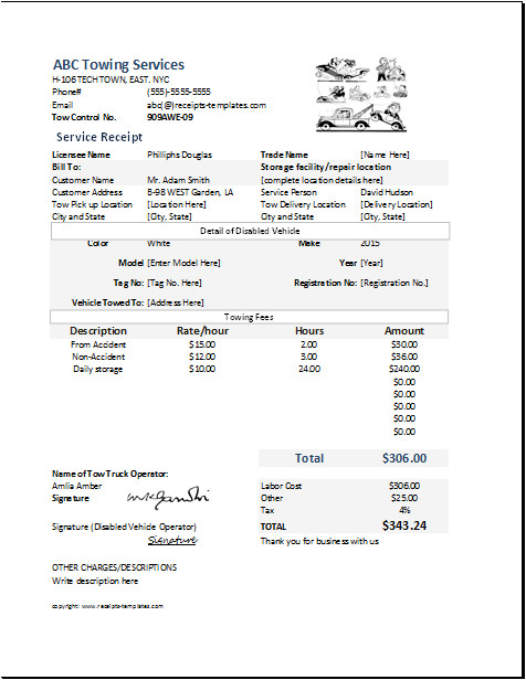Towing Company Receipt Template Ms Excel towing Service Receipt Template Receipt Templates