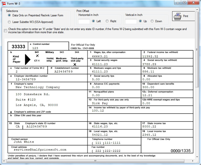 W-3 Template W2 1099 Misc Printing and E Filing software Free Trial