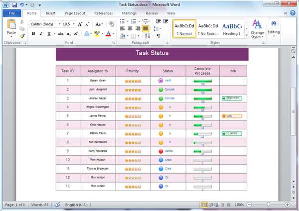 Word Tables Templates Status Table Templates for Word