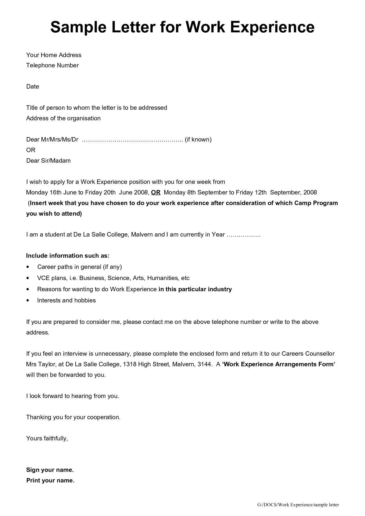 Work Experience Cover Letter Year 10 Student Work Experience Letter Template Year 10 Business Letter