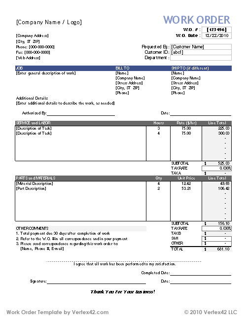 Workorder Template Work orders Free Work order form Template for Excel