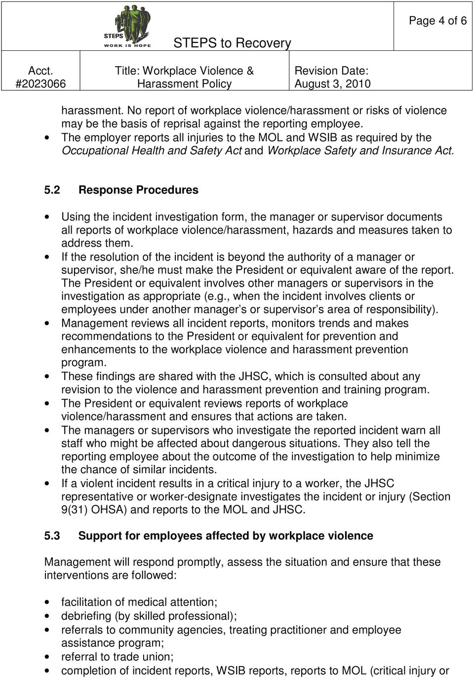 Workplace Violence and Harassment Risk assessment Template Workplace Violence and Harassment Risk assessment Template
