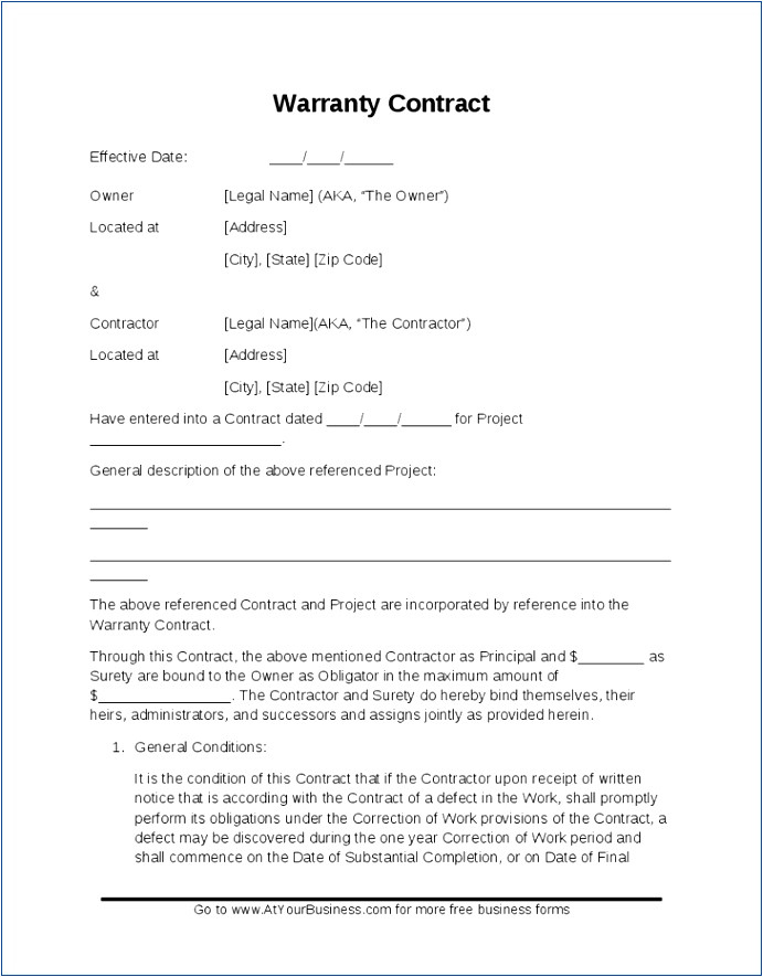 1 Year Contract Template Contractor 1 Year Warranty Template Template Business
