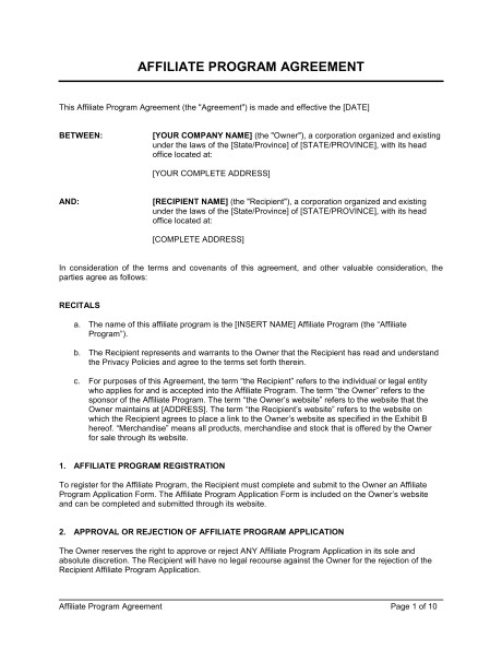 Affiliate Contract Template Affiliate Program Agreement Template Sample form