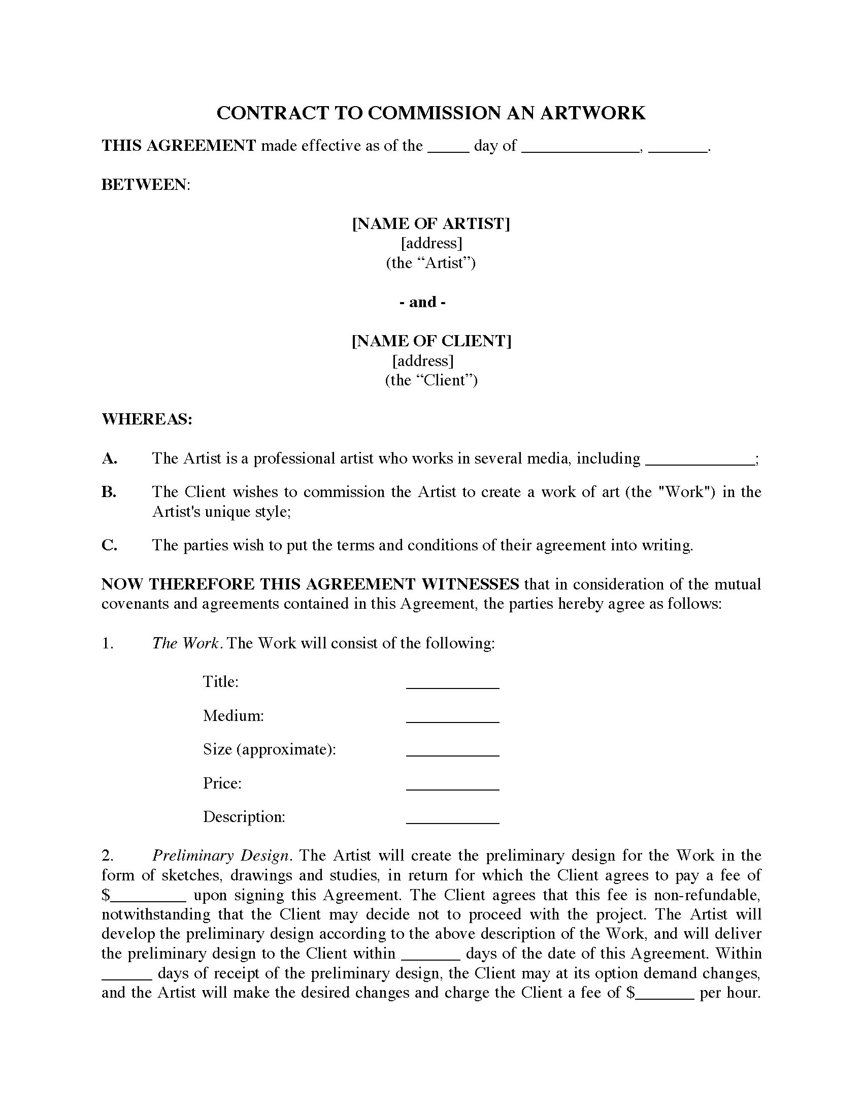 Artist Commission Contract Template Commission Contract for original Art Legal forms and