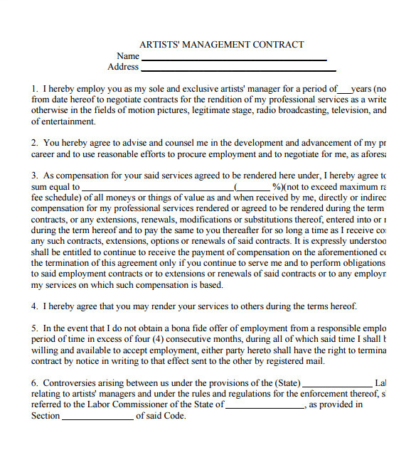 Artist Management Contract Template Free Download 5 Artist Management Contract Templates Free Pdf Word