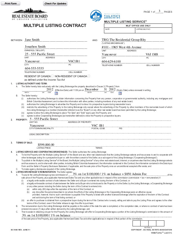 Bc Real Estate Contract Of Purchase and Sale Template Previous Mls Contract Example