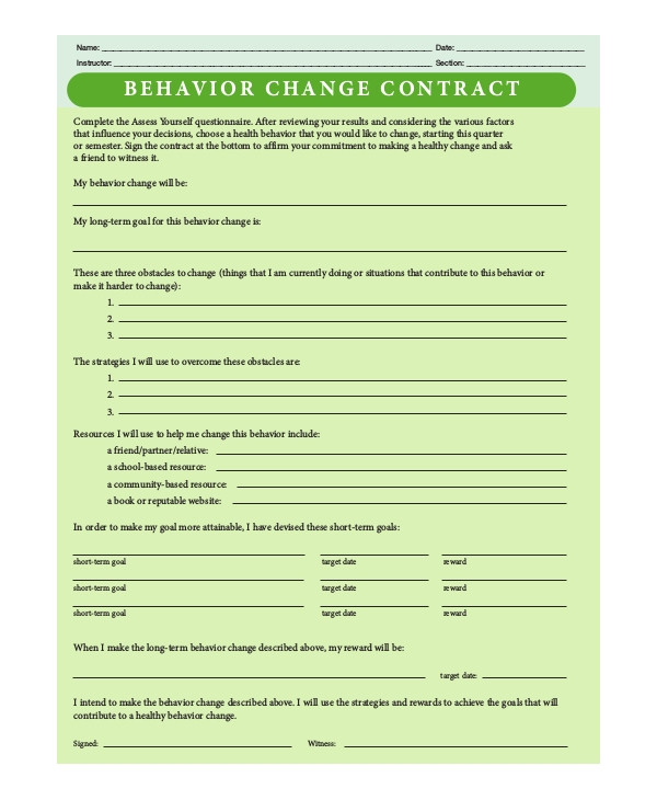 Behavior Change Contract Template Sample Behavior Contract 11 Examples In Pdf Word