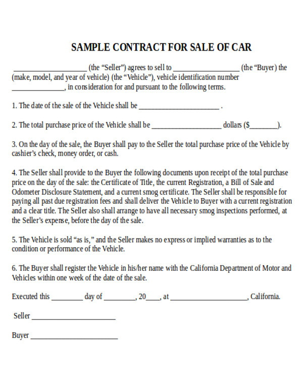 Car Sale Template Contract Sample Used Car Sale Contract 7 Examples In Word Pdf