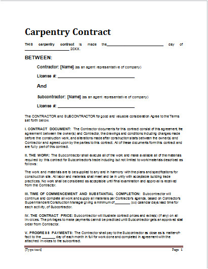 Carpentry Contract Template Sample Carpentry Contract Template for Ms Word Document Hub