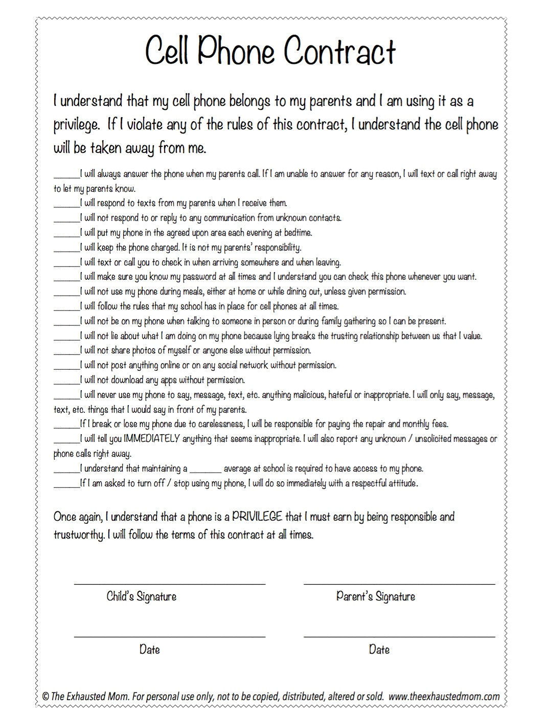 Cell Phone Contract Template Cell Phone Contract for Tweens the Exhausted Mom