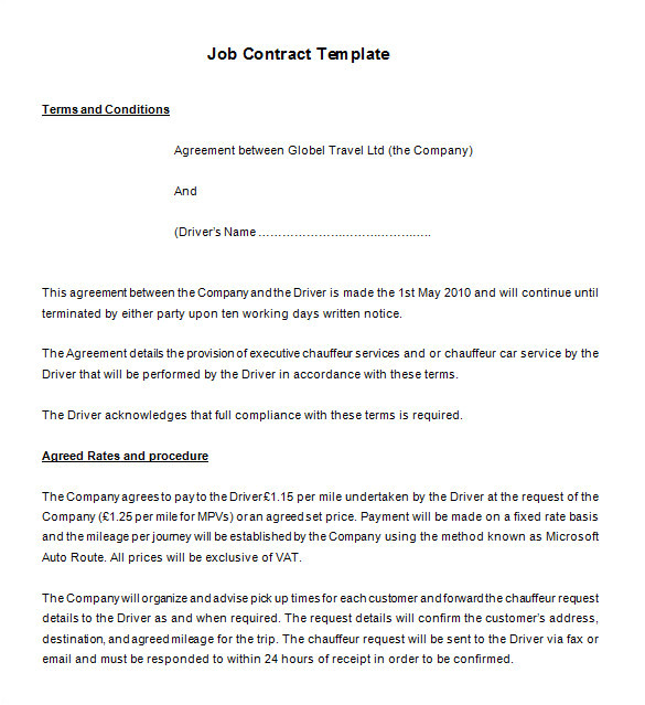 Chauffeur Contract Template 18 Job Contract Templates Word Pages Docs Free