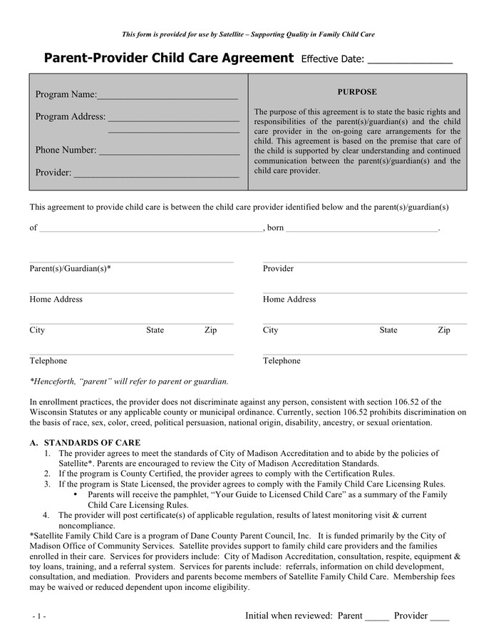 Child Care Provider Contract Template Parent Provider Child Care Agreement Sample In Word and