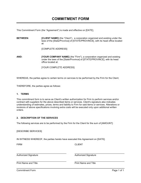 Commitment Contract Template Commitment form Template Word Pdf by Business In A Box