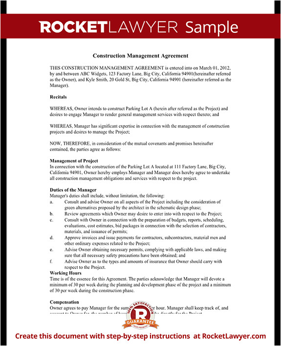 Construction Project Manager Contract Template Construction Management Agreement Contract form with Sample