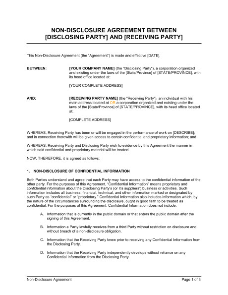 Contract Between Two Companies Template Non Disclosure Agreement Between Two Companies Template