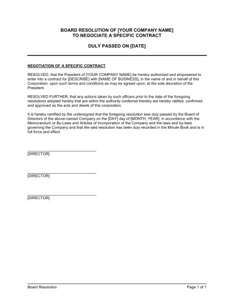 Contract Negotiation Template Board Resolution to Negotiate A Specific Contract