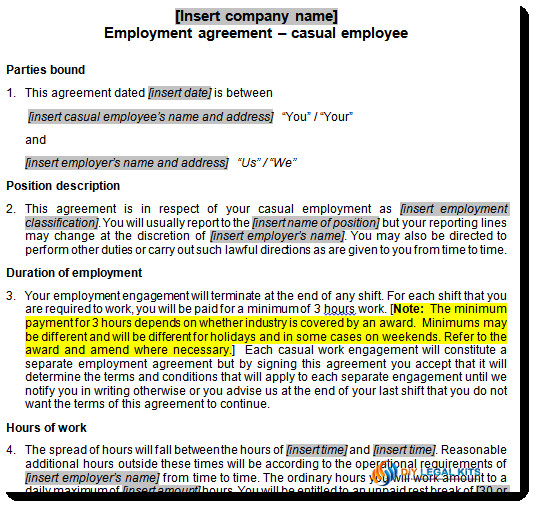 Contract Of Employment Template Australia Casual Employment Contract Template Australia