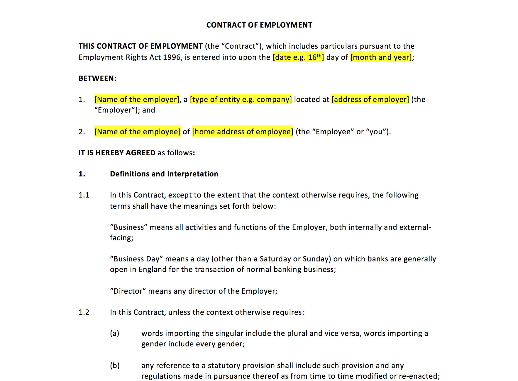 Contract Of Employment Template Uk Employment Contract Template Uk Template Agreements and